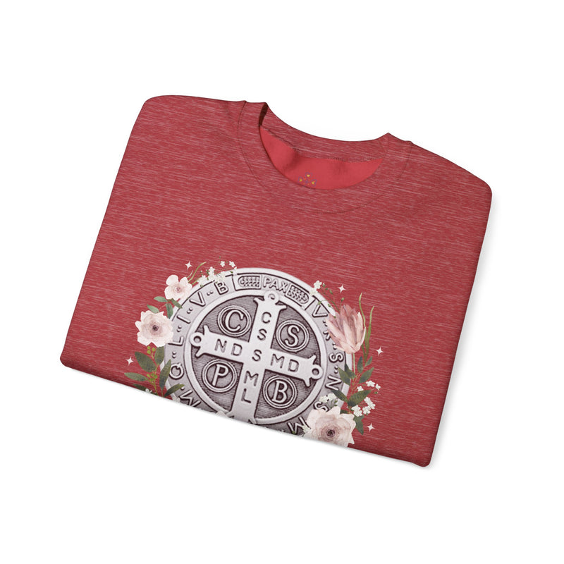 Benedictine Medal Crewneck Sweatshirt – Catholic Faith Floral Design w/ Ora et Labora/Prayer and Work