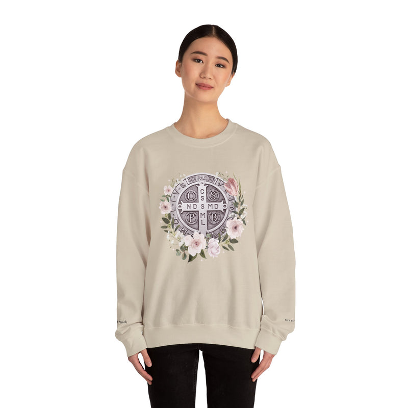 Benedictine Medal Crewneck Sweatshirt – Catholic Faith Floral Design w/ Ora et Labora/Prayer and Work