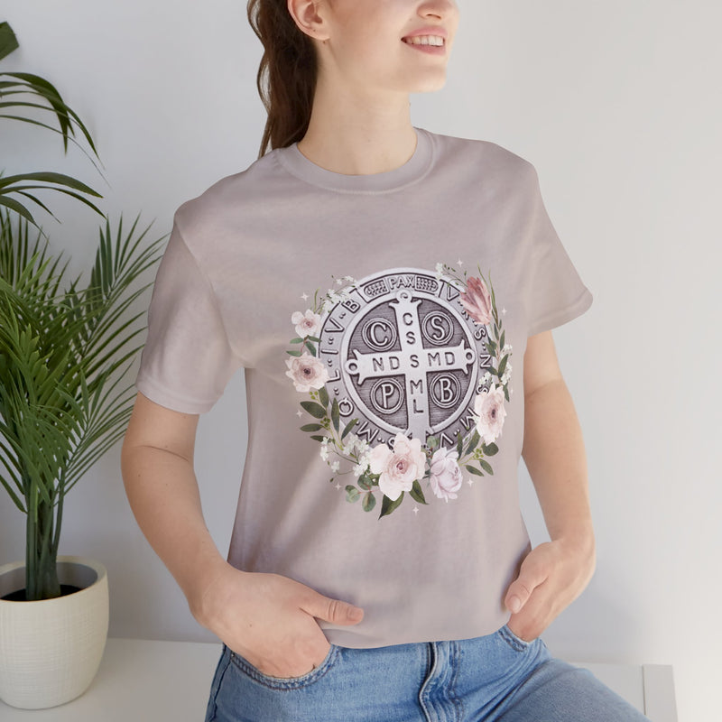 Benedictine Medal T-Shirt – Catholic Faith Floral Tee