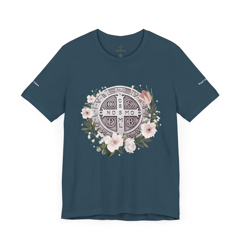 Benedictine Medal T-Shirt – Catholic Faith Floral Tee with Ora et Labora/Prayer and Work