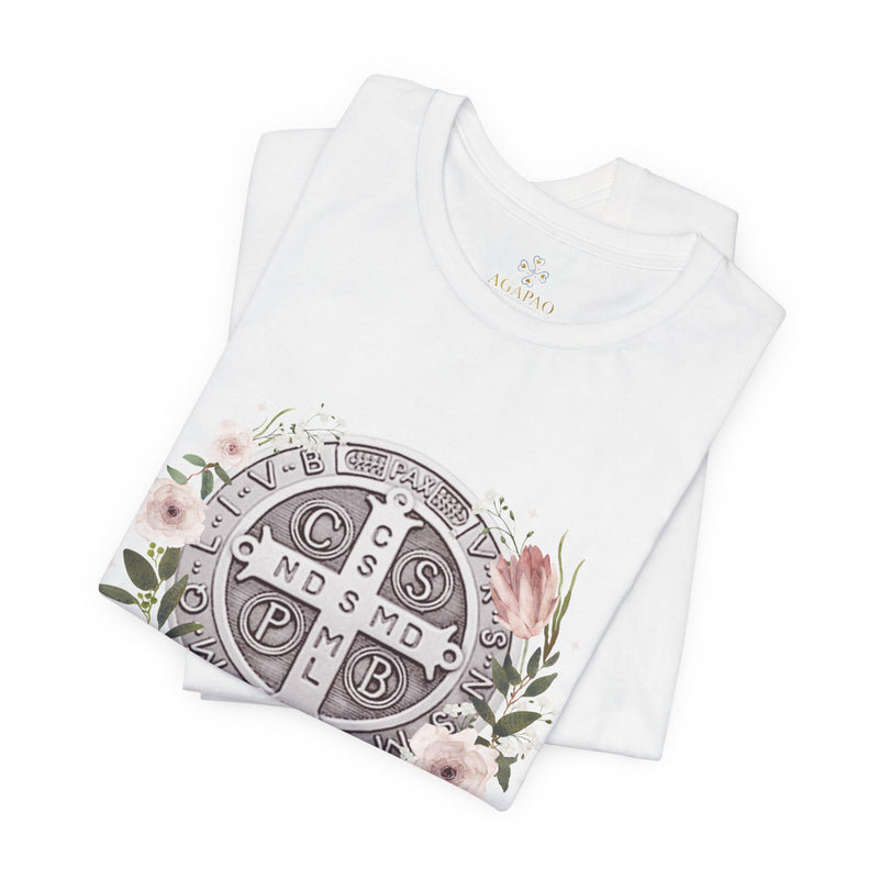 Benedictine Medal T-Shirt – Catholic Faith Floral Tee with Ora et Labora/Prayer and Work