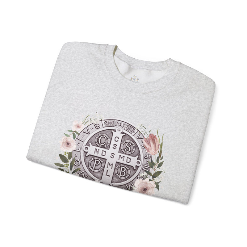 Benedictine Medal Crewneck Sweatshirt – Catholic Faith Floral