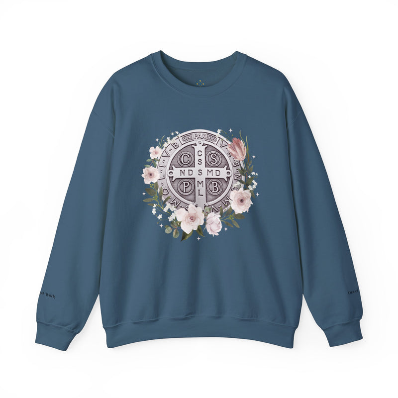 Benedictine Medal Crewneck Sweatshirt – Catholic Faith Floral Design w/ Ora et Labora/Prayer and Work