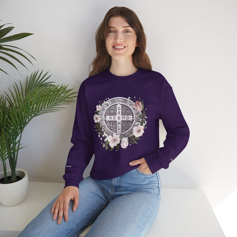 Benedictine Medal Crewneck Sweatshirt – Catholic Faith Floral Design w/ Ora et Labora/Prayer and Work