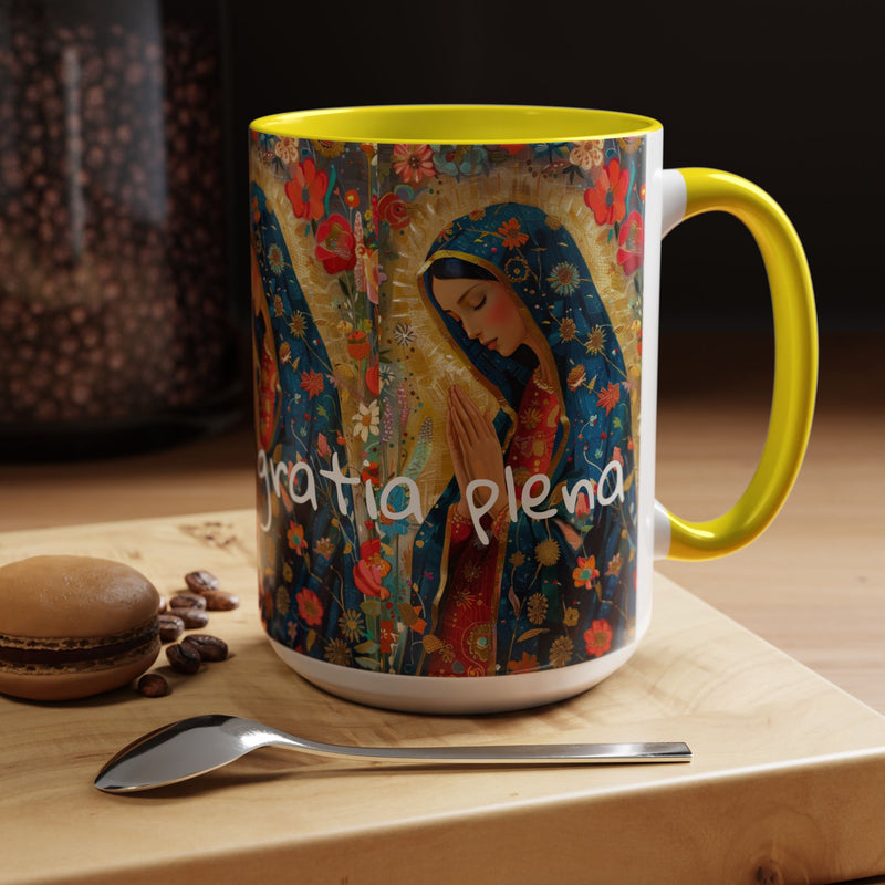 Our Lady Accent Coffee Mug – Ave Maria Gratia Plena Prayer Design (11/15oz)