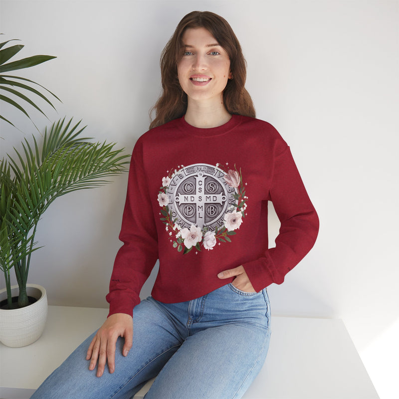 Benedictine Medal Crewneck Sweatshirt – Catholic Faith Floral Design w/ Ora et Labora/Prayer and Work