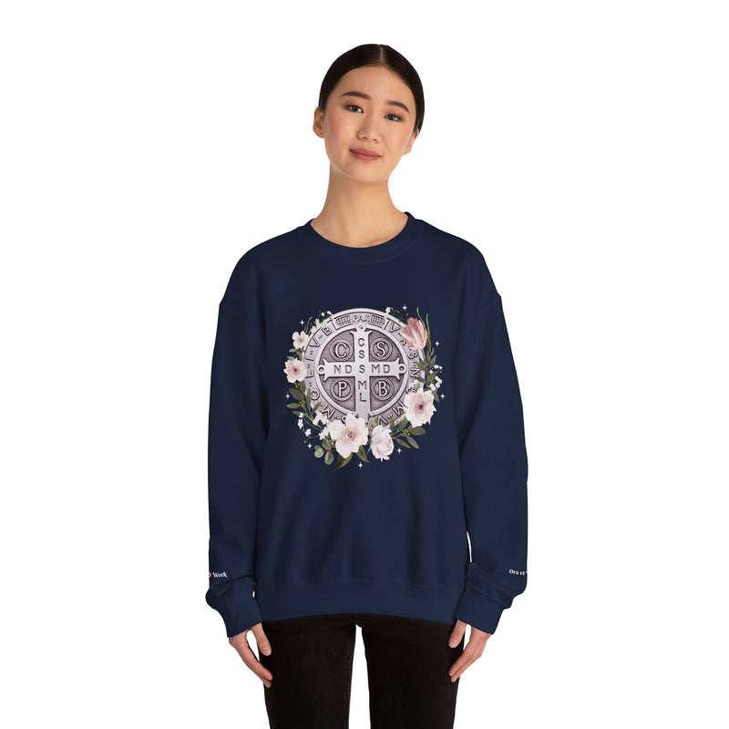 Benedictine Medal Crewneck Sweatshirt – Catholic Faith Floral Design w/ Ora et Labora/Prayer and Work