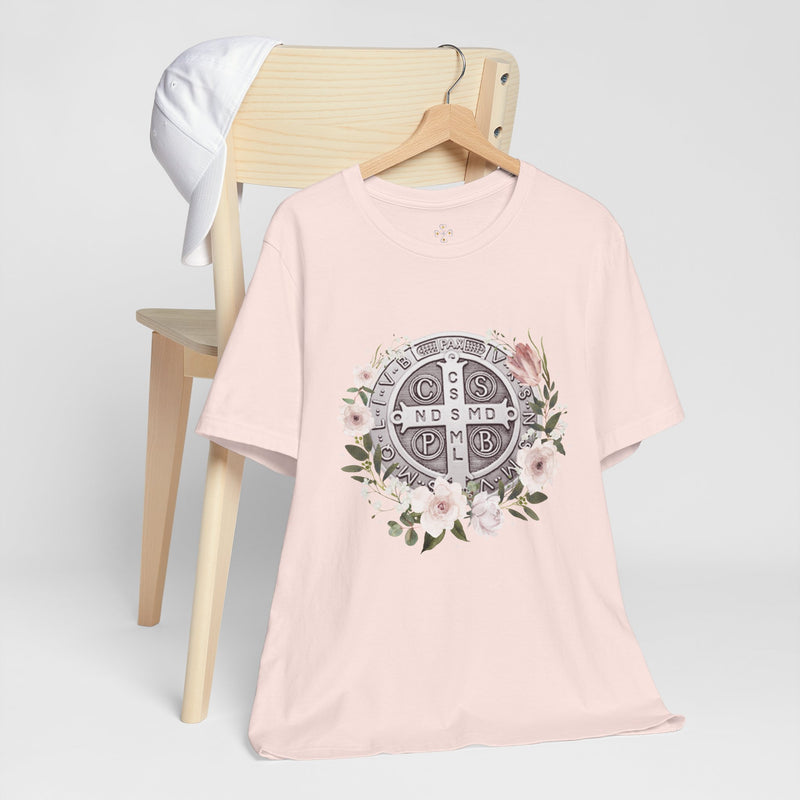 Benedictine Medal T-Shirt – Catholic Faith Floral Tee