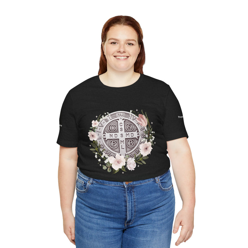 Benedictine Medal T-Shirt – Catholic Faith Floral Tee with Ora et Labora/Prayer and Work