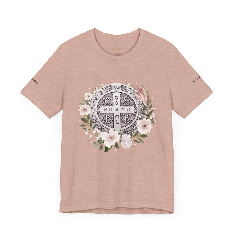 Benedictine Medal T-Shirt – Catholic Faith Floral Tee with Ora et Labora/Prayer and Work
