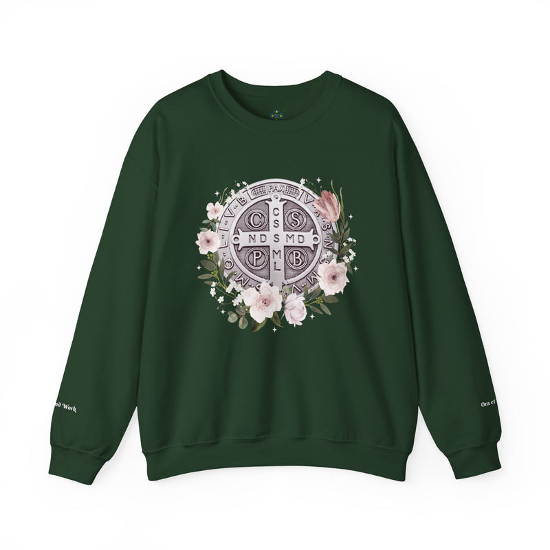 Benedictine Medal Crewneck Sweatshirt – Catholic Faith Floral Design w/ Ora et Labora/Prayer and Work