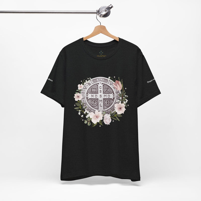 Benedictine Medal T-Shirt – Catholic Faith Floral Tee with Ora et Labora/Prayer and Work