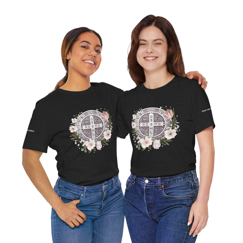 Benedictine Medal T-Shirt – Catholic Faith Floral Tee with Ora et Labora/Prayer and Work