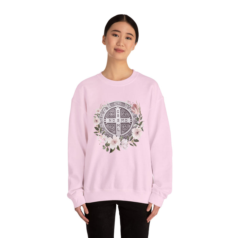 Benedictine Medal Crewneck Sweatshirt – Catholic Faith Floral