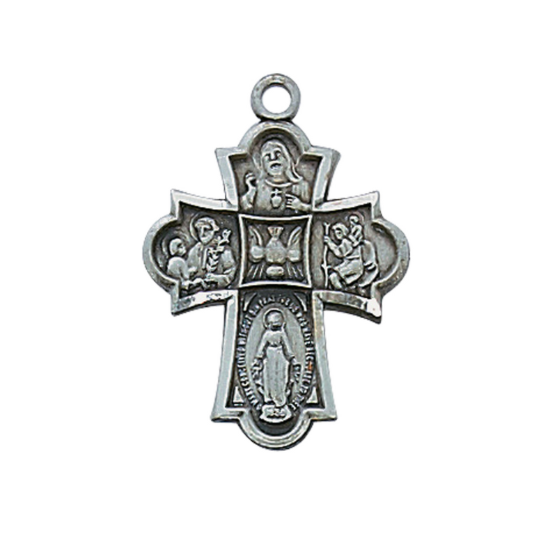 1" Antique Pewter Four Way Medal with 18" Rhodium Plated Chain - BEST SELLER