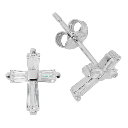 1/2" Sterling Silver Cross Earrings with Baguette Crystal