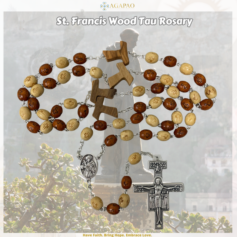 St. Francis of Assisi Olive Wood Tau Rosary w/ Deluxe Gift Box