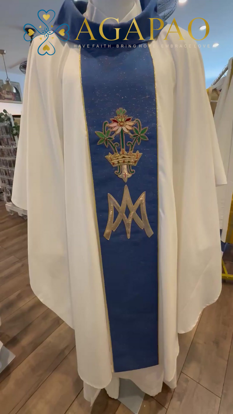 420BM- Marian Chasuble or Dalmatic with Hand Embroidered Design