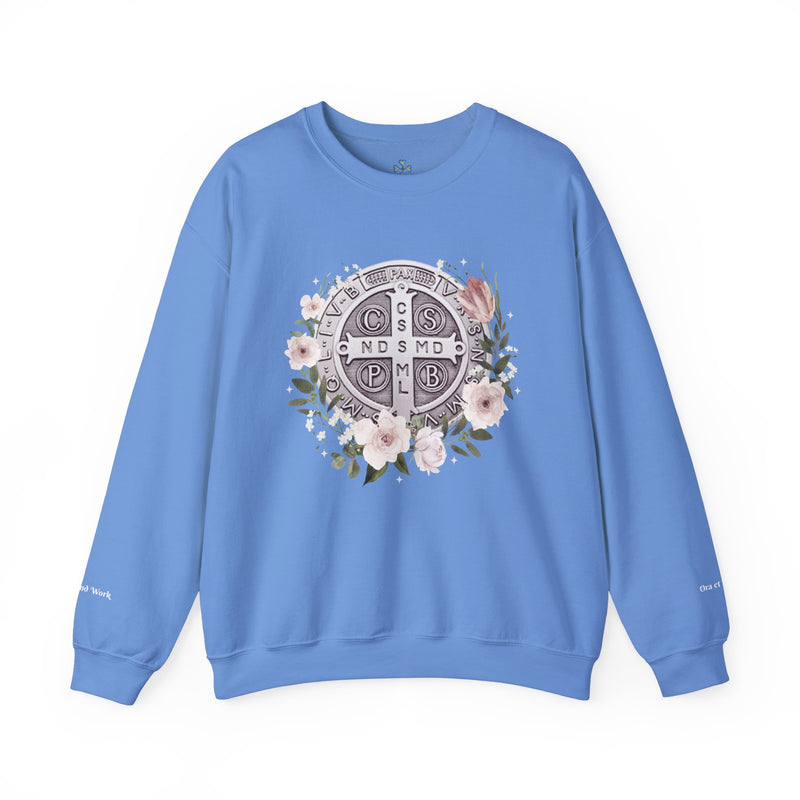 Benedictine Medal Crewneck Sweatshirt – Catholic Faith Floral Design w/ Ora et Labora/Prayer and Work
