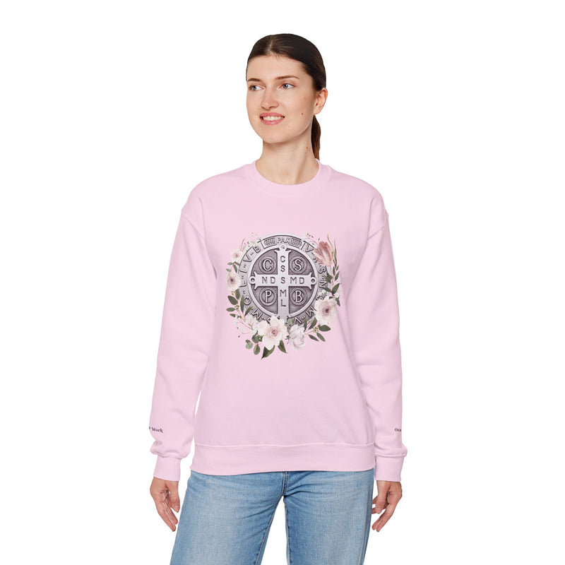 Benedictine Medal Crewneck Sweatshirt – Catholic Faith Floral Design w/ Ora et Labora/Prayer and Work