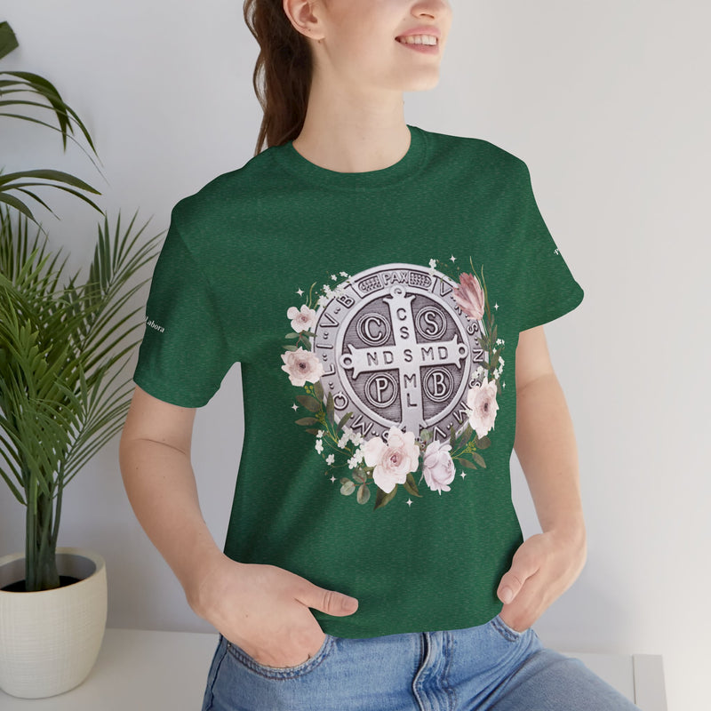 Benedictine Medal T-Shirt – Catholic Faith Floral Tee with Ora et Labora/Prayer and Work