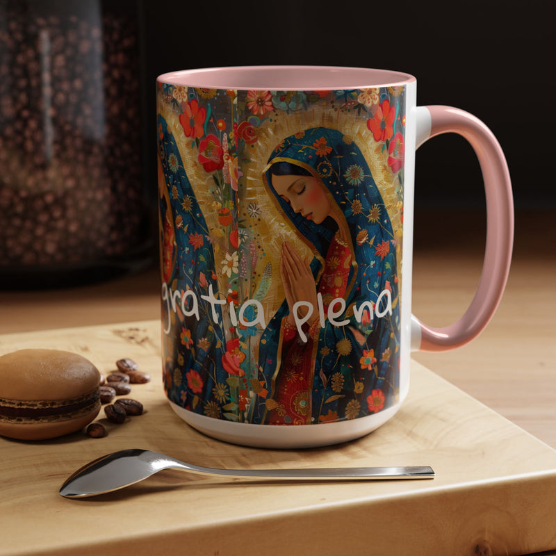 Our Lady Accent Coffee Mug – Ave Maria Gratia Plena Prayer Design (11/15oz)