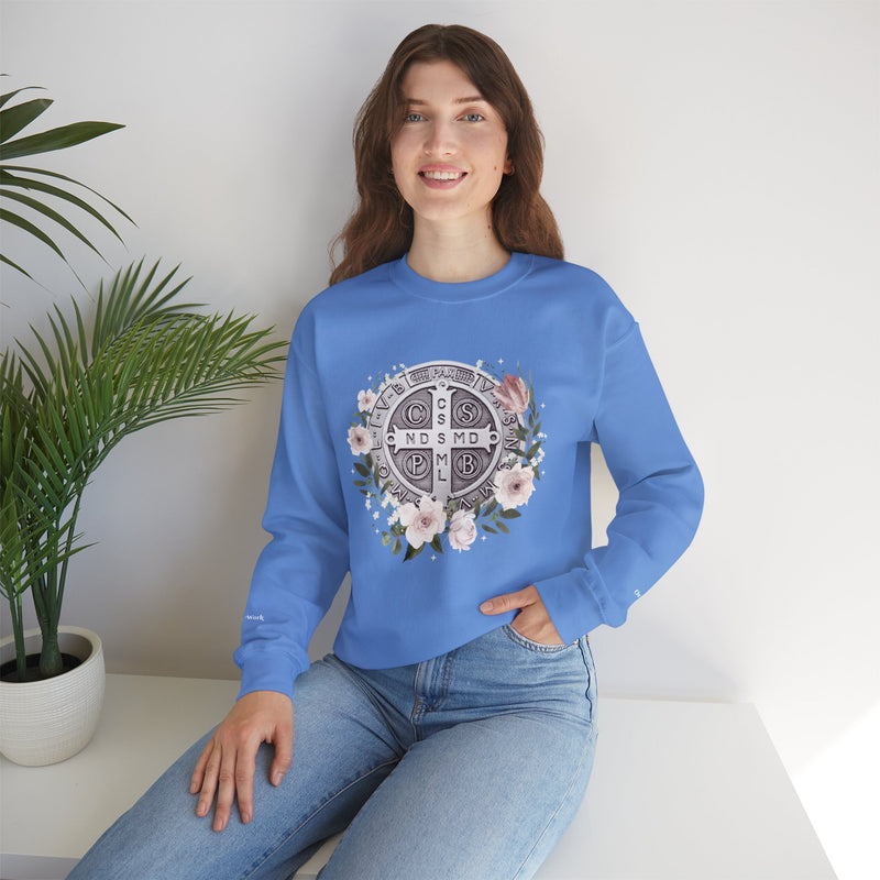 Benedictine Medal Crewneck Sweatshirt – Catholic Faith Floral Design w/ Ora et Labora/Prayer and Work