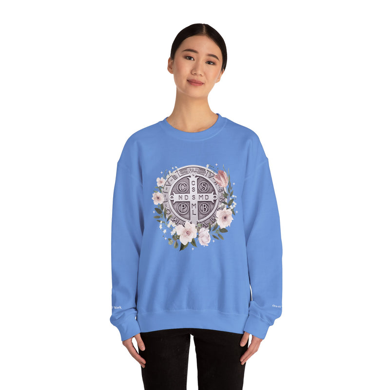 Benedictine Medal Crewneck Sweatshirt – Catholic Faith Floral Design w/ Ora et Labora/Prayer and Work
