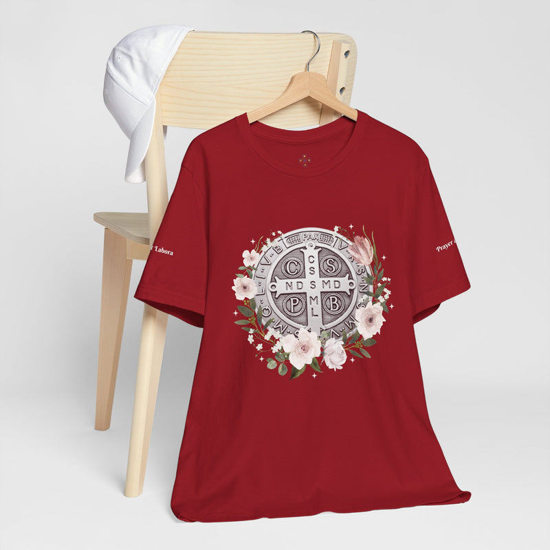 Benedictine Medal T-Shirt – Catholic Faith Floral Tee with Ora et Labora/Prayer and Work