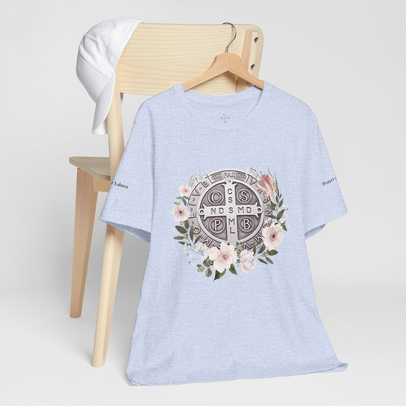 Benedictine Medal T-Shirt – Catholic Faith Floral Tee with Ora et Labora/Prayer and Work