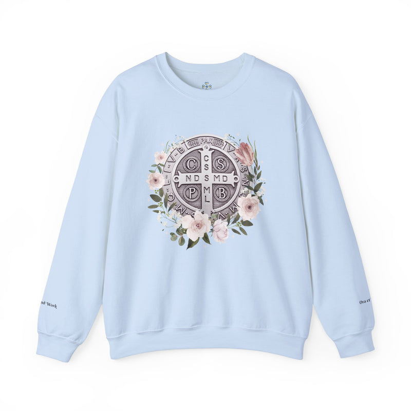 Benedictine Medal Crewneck Sweatshirt – Catholic Faith Floral Design w/ Ora et Labora/Prayer and Work