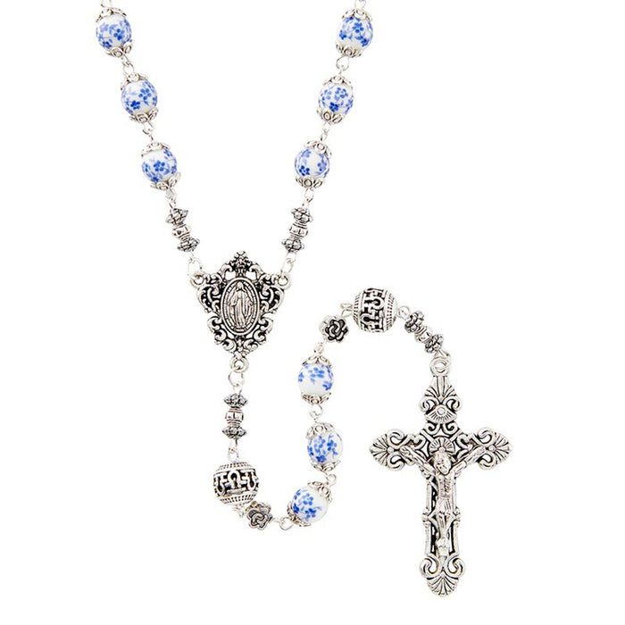 27-3/4" Miraculous Ceramic Blue Flower Rosary
