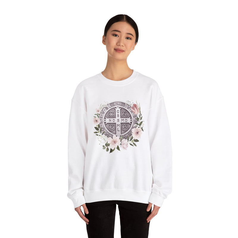 Benedictine Medal Crewneck Sweatshirt – Catholic Faith Floral
