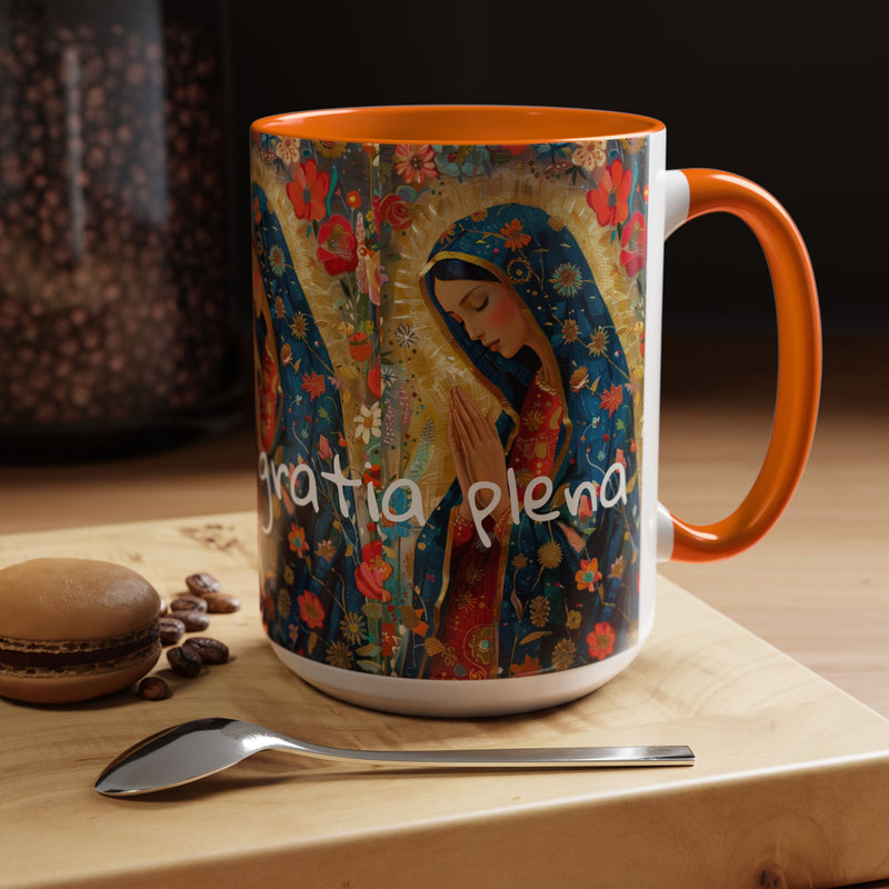 Our Lady Accent Coffee Mug – Ave Maria Gratia Plena Prayer Design (11/15oz)