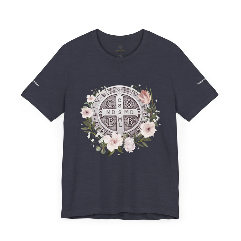 Benedictine Medal T-Shirt – Catholic Faith Floral Tee with Ora et Labora/Prayer and Work
