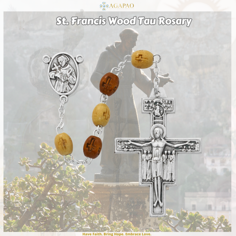 St. Francis of Assisi Olive Wood Tau Rosary w/ Deluxe Gift Box