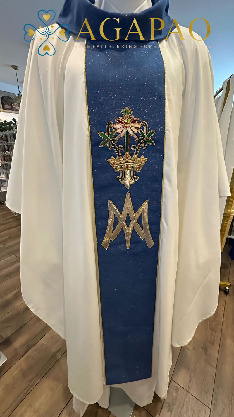 420BM- Marian Chasuble or Dalmatic with Hand Embroidered Design