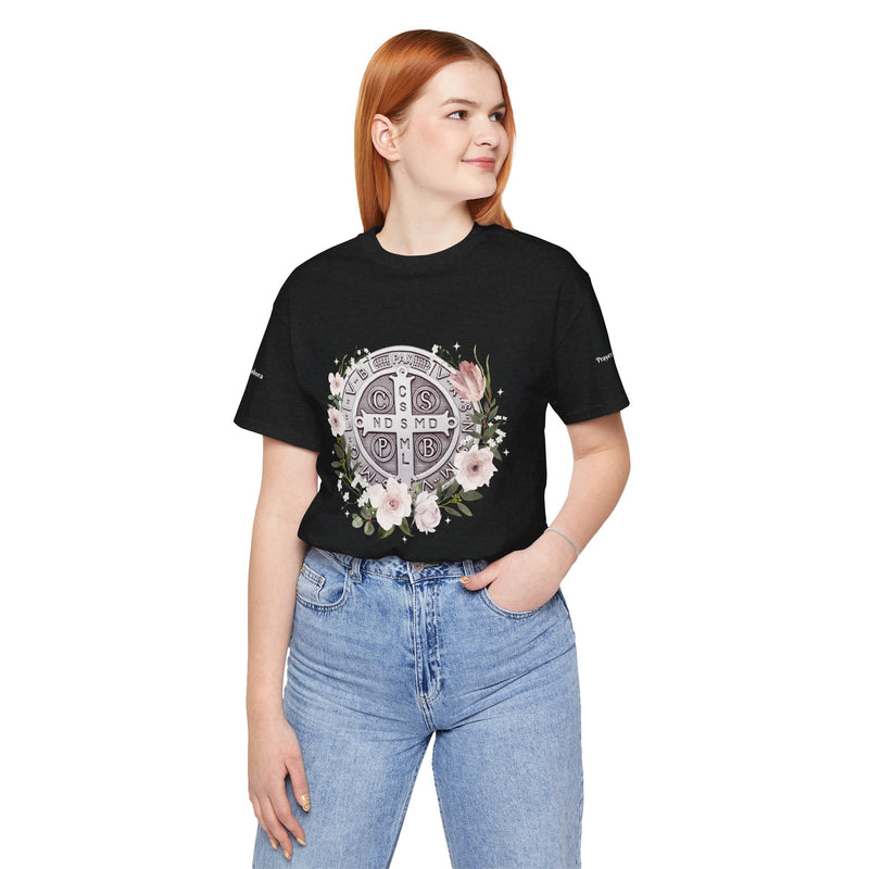 Benedictine Medal T-Shirt – Catholic Faith Floral Tee with Ora et Labora/Prayer and Work