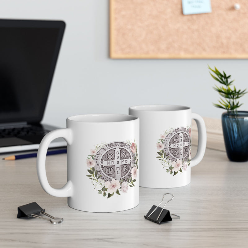 St. Benedict Medal Floral Catholic Coffee Mug