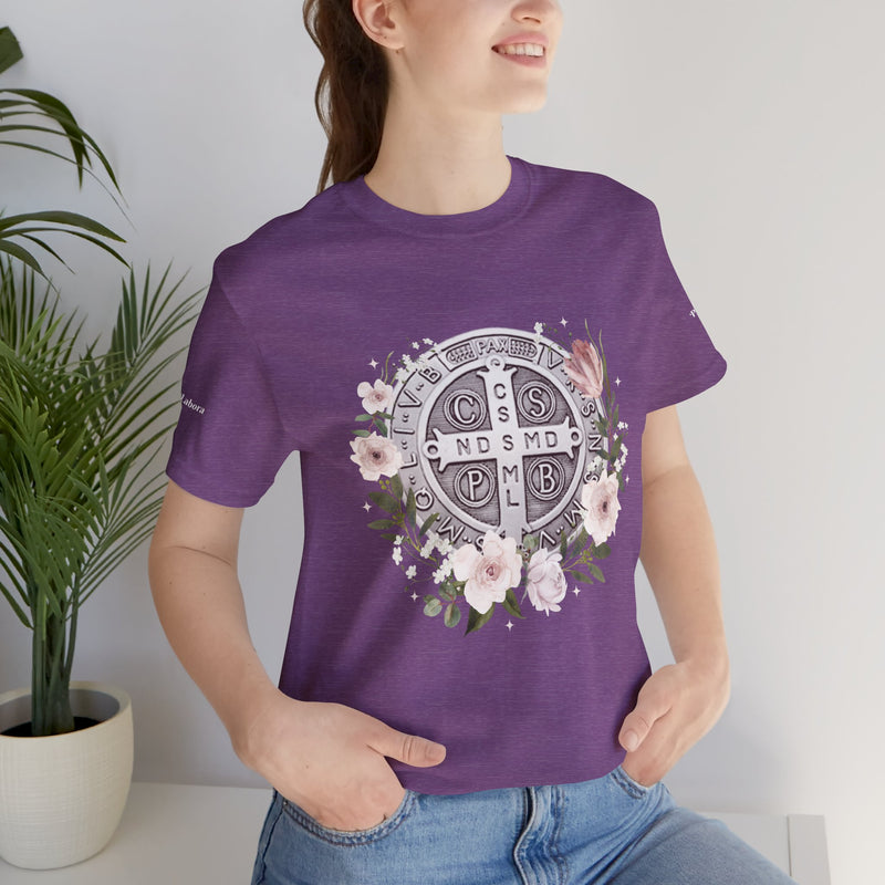 Benedictine Medal T-Shirt – Catholic Faith Floral Tee with Ora et Labora/Prayer and Work