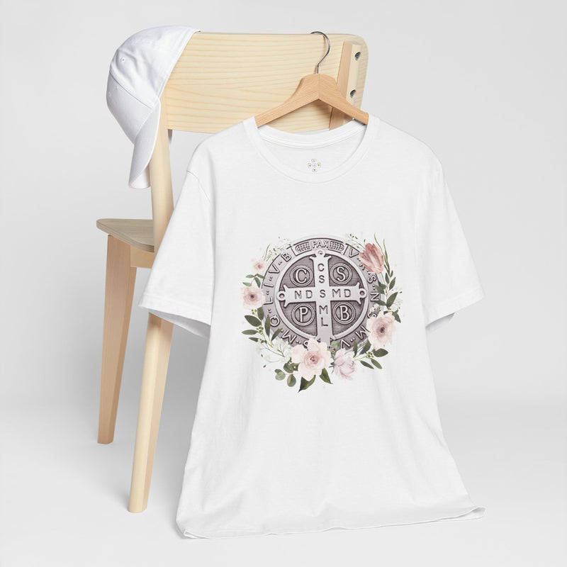 Benedictine Medal T-Shirt – Catholic Faith Floral Tee