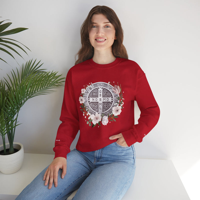 Benedictine Medal Crewneck Sweatshirt – Catholic Faith Floral Design w/ Ora et Labora/Prayer and Work