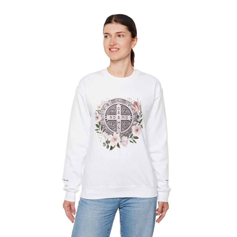 Benedictine Medal Crewneck Sweatshirt – Catholic Faith Floral Design w/ Ora et Labora/Prayer and Work
