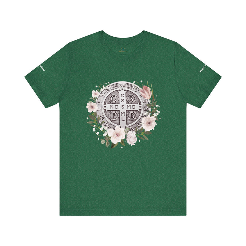 Benedictine Medal T-Shirt – Catholic Faith Floral Tee with Ora et Labora/Prayer and Work