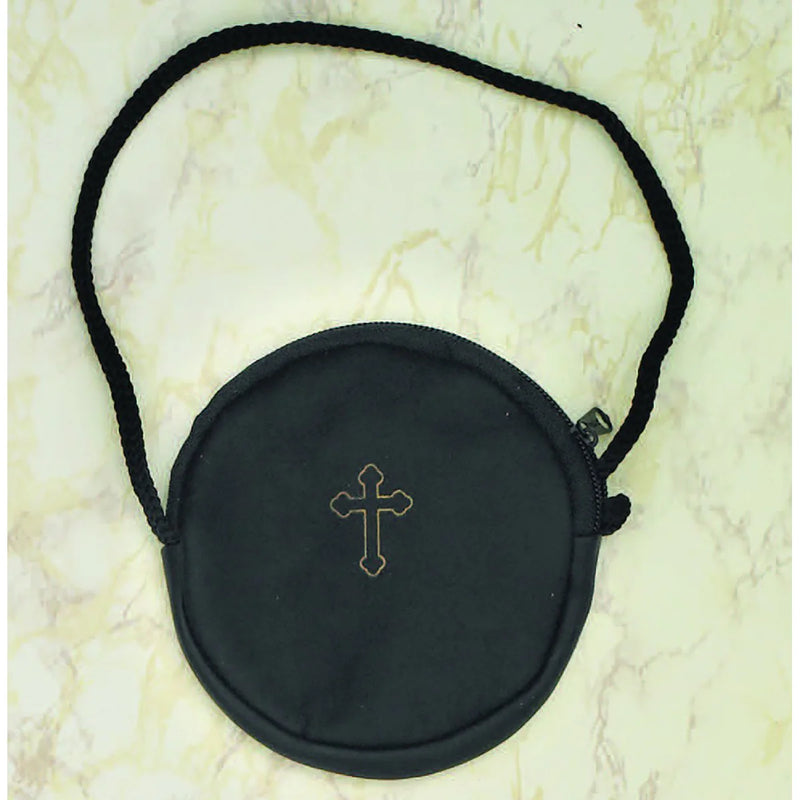 Round Leather Pyx Burse/Case with Cord and Gold Colored Cross