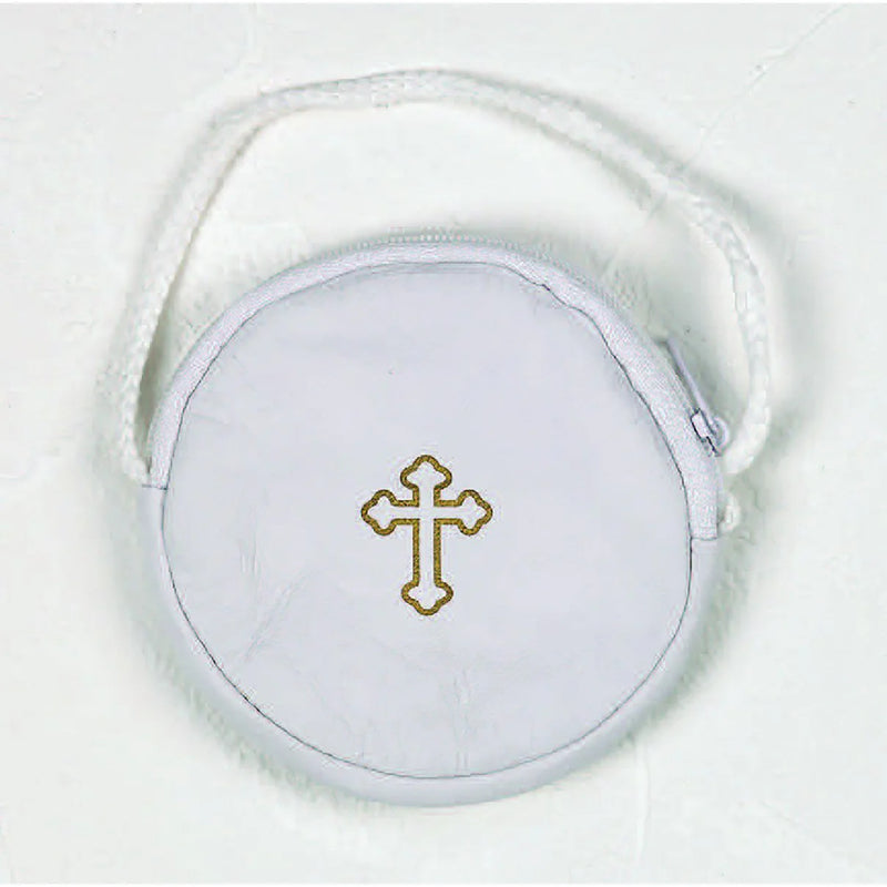 Round Leather Pyx Burse/Case with Cord and Gold Colored Cross