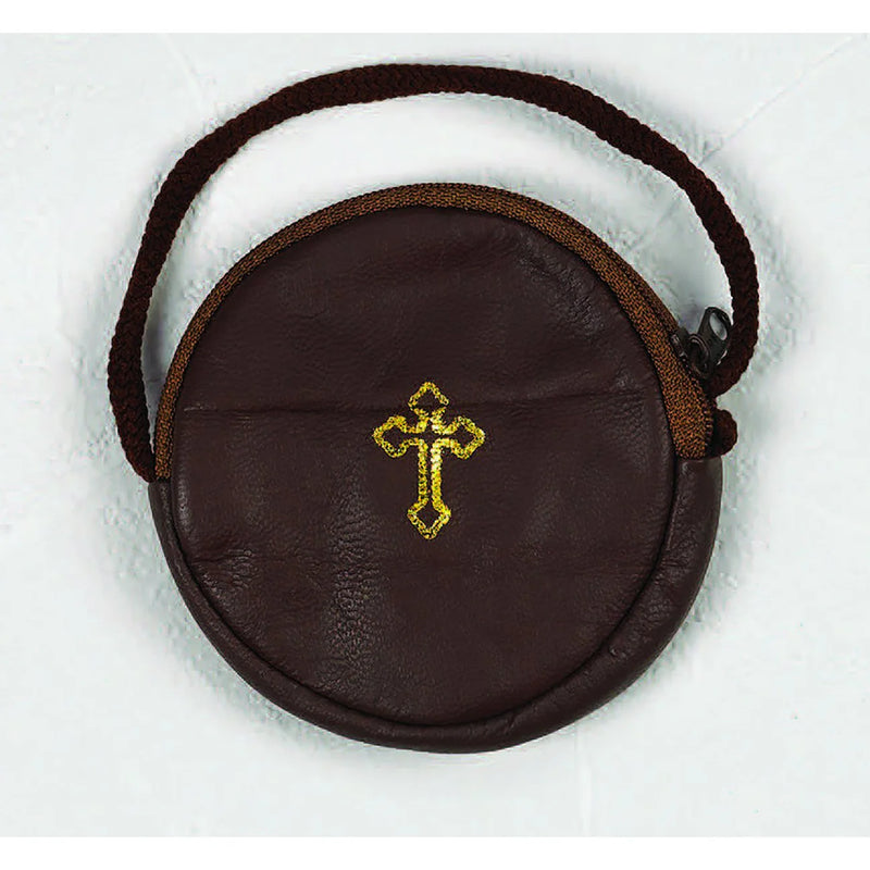 Round Leather Pyx Burse/Case with Cord and Gold Colored Cross