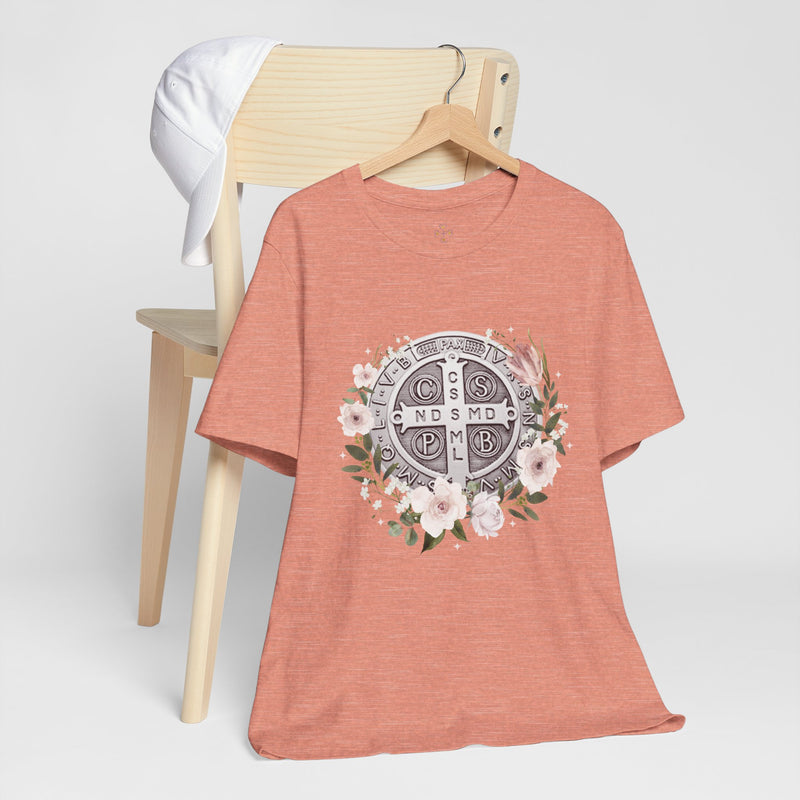 Benedictine Medal T-Shirt – Catholic Faith Floral Tee