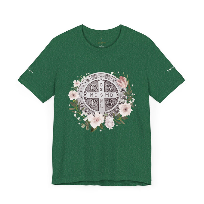 Benedictine Medal T-Shirt – Catholic Faith Floral Tee with Ora et Labora/Prayer and Work