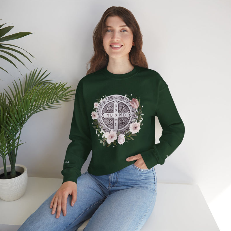 Benedictine Medal Crewneck Sweatshirt – Catholic Faith Floral Design w/ Ora et Labora/Prayer and Work